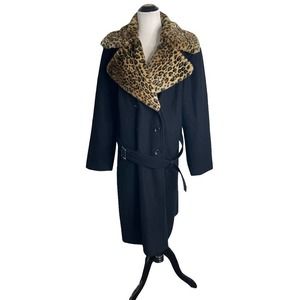 Spiegel 20W Black Overcoat Faux Fur Leopard Print Trim Wool Blend